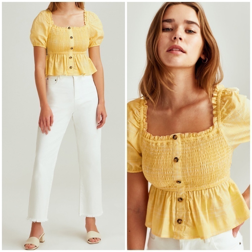 NWT The Fifth Label Hummingbird Check Crop Top Daffodil Yellow Smocked XS